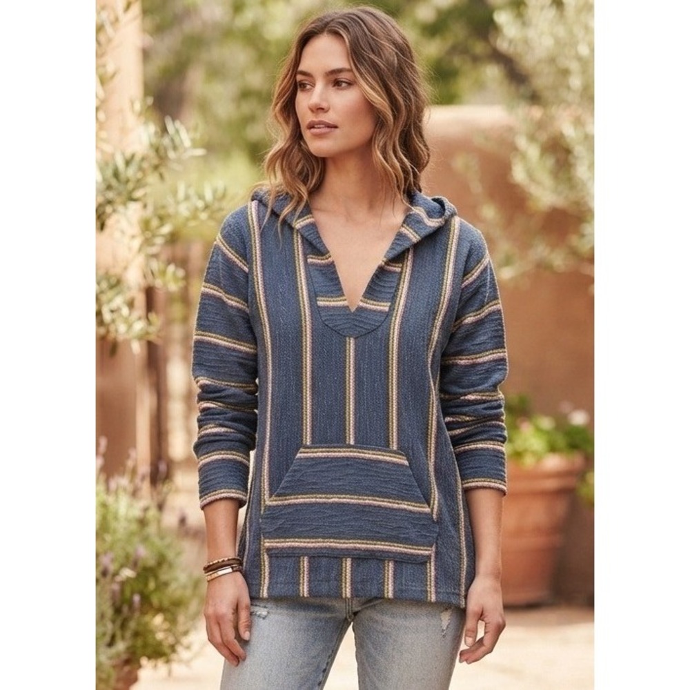 Faherty Baja Hoodie Women's Small Blue Multi Stripe Cotton Poncho Pullover Beach